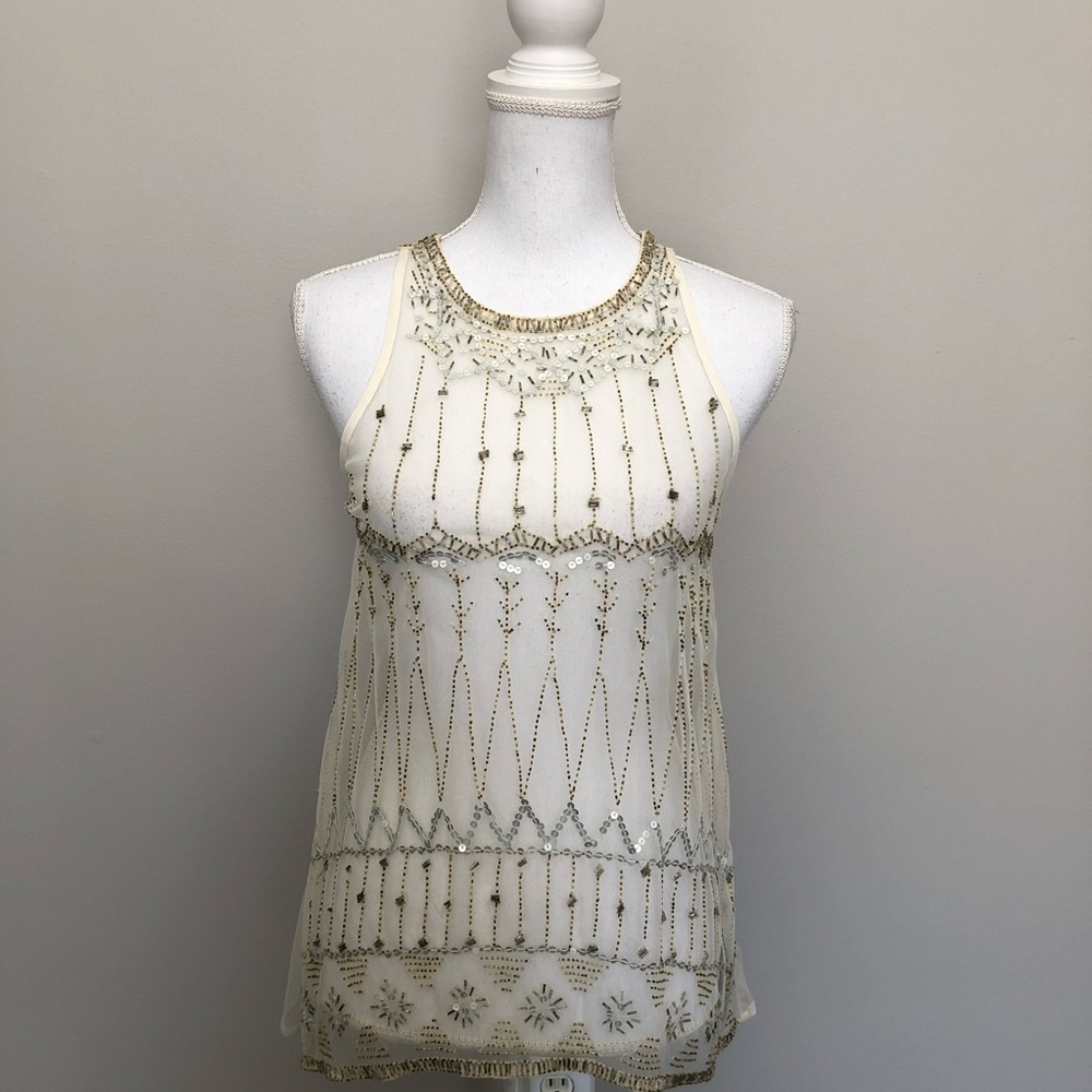 PJK Patterson J Kincaid Top Cami Sleeveless High Neckline Sequin Beaded Boho